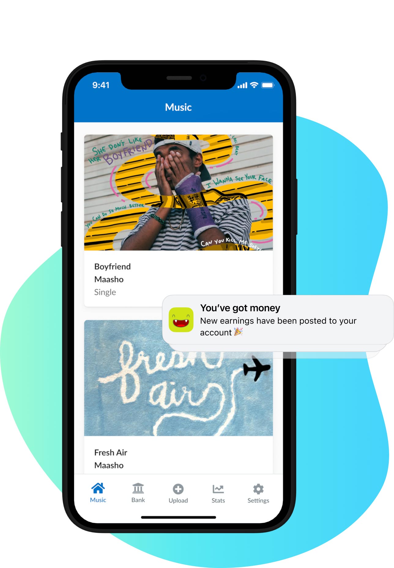 Exemple de l'onglet musique sur l'application iPhone DistroKid, avec une tache bleue en arrière-plan et un exemple de notification push informant les utilisateurs qu'ils ont de l'argent à disposition sur leur compte.