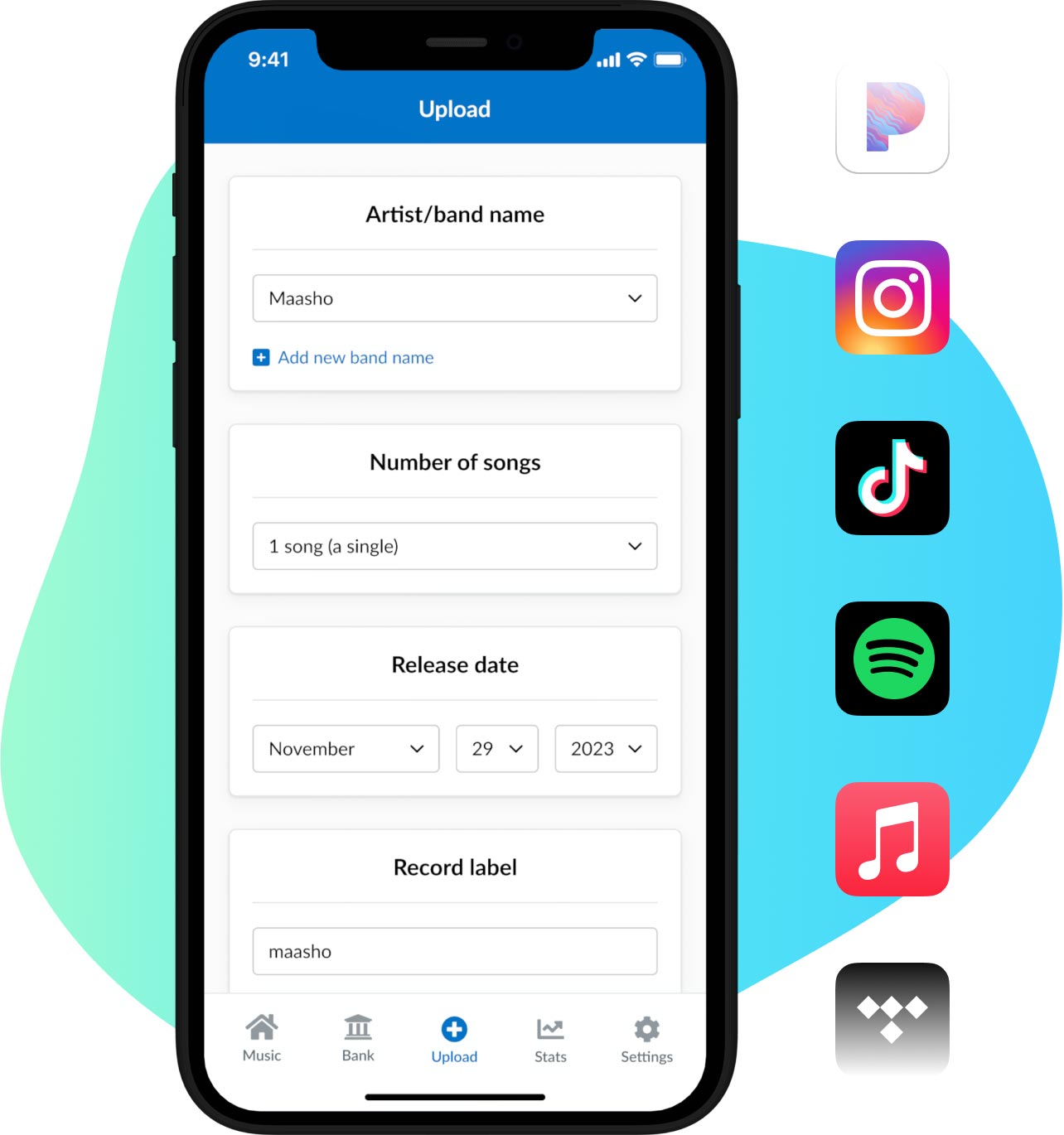 DistroKid iPhone uygulamasının, arkasında mavi damla şekli olan yükleme formu örneği. Ayrıca müziğin dağıtılacağı yerlerin simgelerinin bir listesi de var: Pandora, Instagram, TikTok, Spotify, Apple Music ve Spotify
